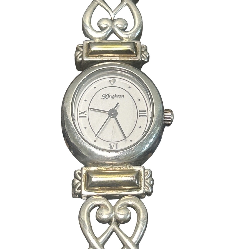 Brighton Watch Womens OS Silver Gold Champagne Heart Link Black Leather Strap